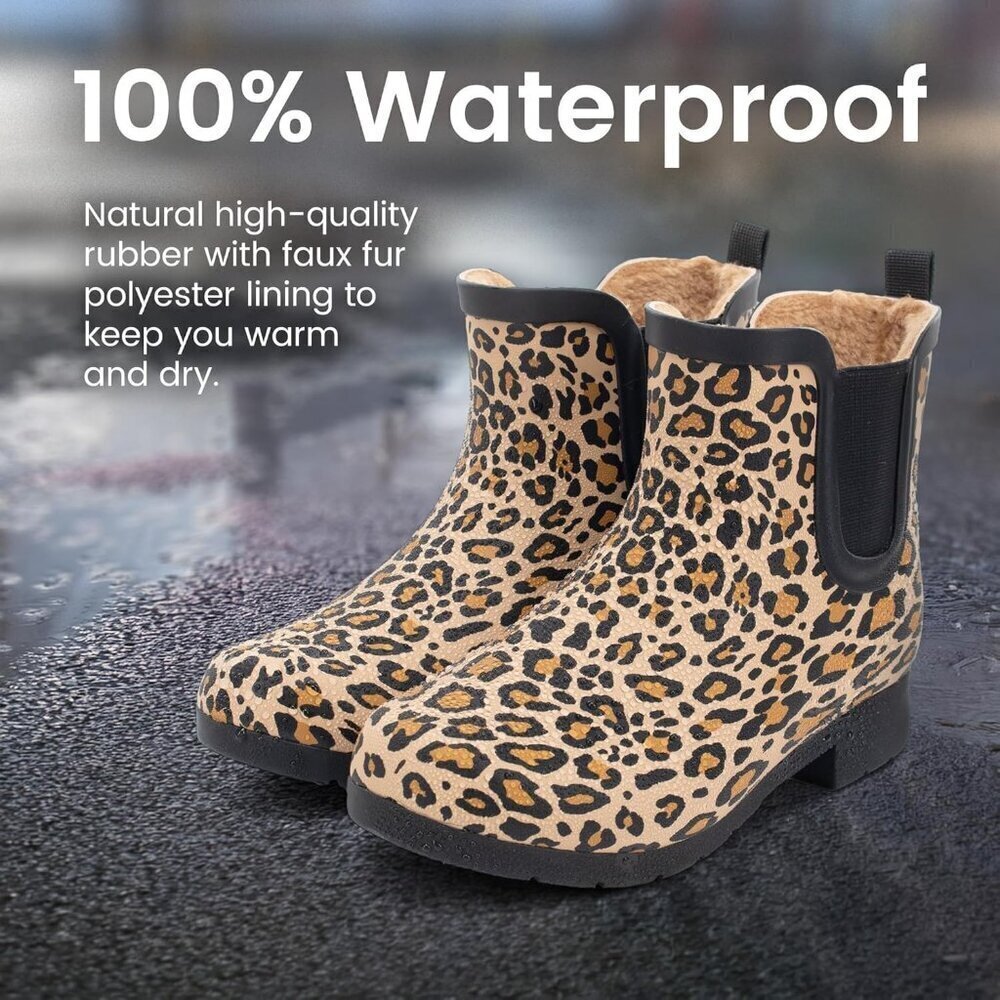 Women’s Tan Waterproof Plush Lined Slip On Rain Ankle Slim Chelsea Boots - Picture 8 of 13
